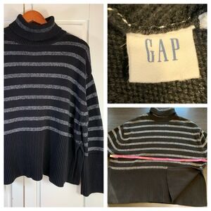 Gap Turtleneck Sweater Womens‎ Small Split-Hem Striped Cotton Oversized Metallic